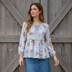 Entro Icy Blue Floral Top w/Lace details